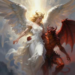 pwerful angel demon afraid of an angel painting, good vs evil, highly detailed, digital painting, smooth, beautiful angle, weak demon, sharp focus, illstration, ultra realistic, dmon vs angle, heaven vs hell, 8 k, strong and powerful confident angel, holy light