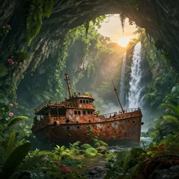 a rusty shipwreck at the bottom of a prehistoric jungle cave, lush flora, waterfall, mountains, flowers, vines, sunset, hazy, volumetric lighting, rtx on, an award - winning digital artwork, beautiful, stunning, ultra - detailed, great composition