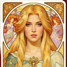 masterpiece head-on symmetrical centered painted portrait, Imogen Poots as World of Warcraft paladin, blonde hair, elegant, in the style of ROSSDRAWS and Ross Tran and Alphonse Mucha and Ayami Kojima and Charlie Bowater and Jean Delville, Pixar, Maya engine, splash comics, tarot card style, Art Nouveau, rich bright colours