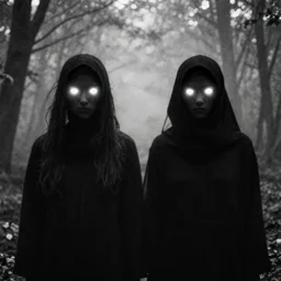 shadow people in forest, staring at camera glowing white eyes, black and white, foggy, grainy, very old, creepy, eerie, unsettling