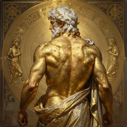 painted back portrait of rugged zeus greek god by greg rutkowski craig mullins artgerm alphonse mucha, messy gold body paint over back and his arms, white hair handsome muscular upper body mature warm tone bulging bubble flowing robe [ ancient greek motifs ] background fantasy intricate elegant detailed digital painting concept art artstation sharp focus illustration