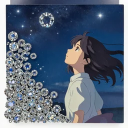 tumultuous, aesthetic by ian miller, by makoto shinkai cubic zirconia. assemblage. a beautiful illustration of a young girl with long flowing hair, looking up at the stars. she appears to be dreaming or lost in thought.