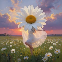 veil of giant white daisy flower as head, girl dancing in a flower field, surreal photography, sunrise, dramatic light, impressionist painting, colorful clouds, digital painting, artstation, simon stalenhag
