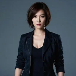 a portrait of female secret agent with short hair by dean ellis in dark color scheme