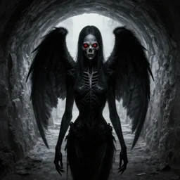 death angel, black figure, long, red eyes, waiting at the end of the tunnel, trending on artstation, by greg rutkowski
