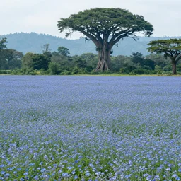 an endless plain of blue flowers, a distant rainforest, gigantic trees in the style of avatar, h 7 0 4