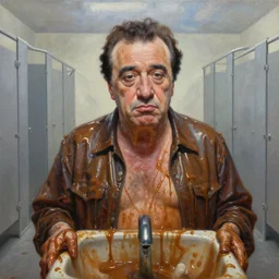 portrait oil painting, danny devito in a public washroom covered in brown liquid, ultra realistic, wide angle, intricate details, artifacts, luminous skies, highly detailed, michael cheval, peter mohrbacher, boris vallejo, jessica rossier, oil painting, highly detailed, cinematic lighting