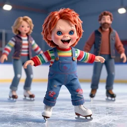 screaming chucky doll ice skating by greg rutkowski and thomas kinkade, trending on artstation, 3 d render octane