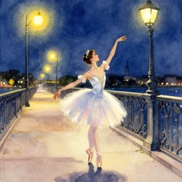 a hiper intricate watercolor of a beautiful ballerina walking at midnight by the light of the street lights on the bridge extremely detailed, sharp focus, wide view, smooth, digital illustration, colorfull, by william turner art, by edgar degas