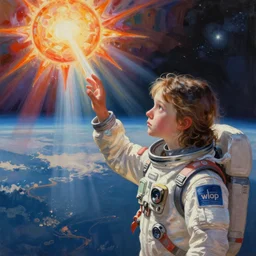 painting, young girl, light beams, above earth, cinematic lighting, outer space, touching sun beam, erupting colors, eva suit, sad, extremely detailed, sharp focus, by greg rutkowski and [ [ [ wlop ] ] ], intricate, beautiful, award winning, trending on artstation, pixiv