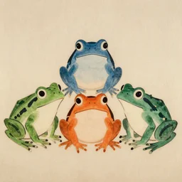 ancient Japanese color art of a trio of frogs in different colors
