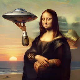 drake holding an ufo by da vinci, digital art, classical painting, sharp focus, sunset beach, 4 k, restored