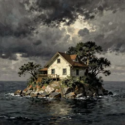 a single house on an island in the sea, art by frank frazetta