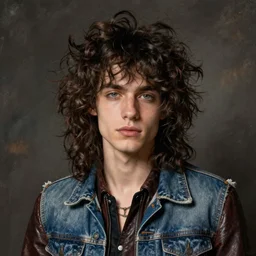 Portrait of a pretty punk rock young man with messy very long curly dark brown hair and a denim vest over a leather Jacket, painted by William Blake Richmond and jeff jordan