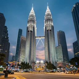 hawker street with kuala lumpur twin towers in the background, evening, highly detailed matte painting, studio ghibli, artstation