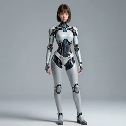 young lady cyborg, bioorganic concept, beautiful face, full body, taty on left hand
