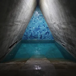 dingy abandoned concrete room, triangular room, blue pool tiles, liminal space,  museum, concrete staircase leading down, staircase flooded with water to create a moon pool, Photograph, found footage, dark, dingy.