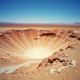giant blast crater in the dry badlands, lomography cn 8 0 0, landscape photography by filip hondas
