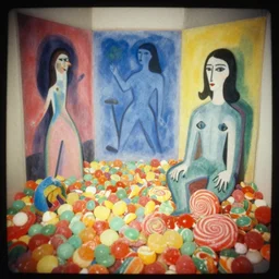 a world made entirely of candy, through the lens of a pinhole camera, in the styles of henri matisse and pablo picasso