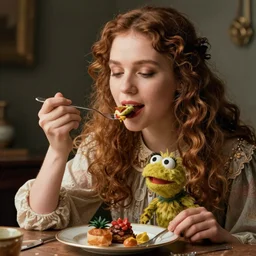a woman with a fork eating a muppet