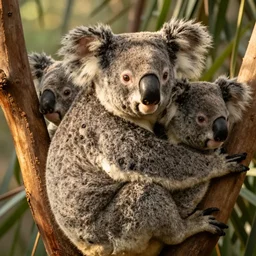 A photo of a large koala with 3 heads, 4K, realistic, golden hour