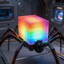 cinematic closeup photo of big glowing rainbow - colored box on spider legs, space station room at background, high detail, 8 k, sharp focus, movie still, dramatic lighting, ray tracing, smooth, by lane brown, by finnstark, by oleg bulakh, diego fazio, by mike dargas, emanuele dascanio, felix englund