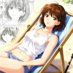 A girl with short brown hair, wearing a white blouse, laying on a beach chair, drawn by WLOP, by Avetetsuya Studios, attractive character, colored sketch anime manga panel, trending on Artstation