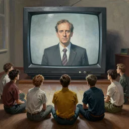 a painting of people sitting down being brainwashed by a dictator on a giant 1 9 8 0 s crt television