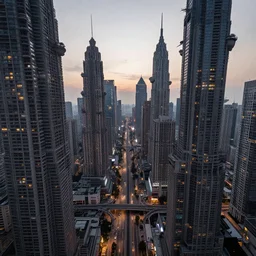 alien supercity, dense metropolis, brutalist architecture, bizarre and imposing megastructures, vanishing point perspective, drone speedways, twilight, style of Jim Burns