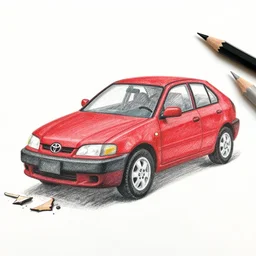 trashed toyota, colored pencil drawing