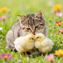 Kitten cuddling with chick on flower meadow, sunny day, colorful realistic professional photo