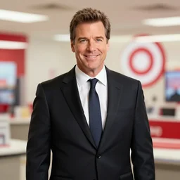 andy richter wearing a black suit and necktie starring in a target commercial outside a television studio, 1 9 9 8 cine still, saturated colors, target logo