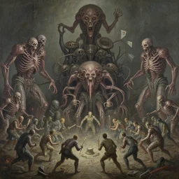 oil paint of 1 1 horrifying machines as mollusk wearing flayed gods in tiers, colossal medical gangrene machines in tiers, dethroning / we machines / melee, battle pit, by shigeru komatsuzaki, by alberto bontempi, basil gogos, wayne d barlowe, basil wolverton, johnny ryan, stefano tamburini, torch light, muted