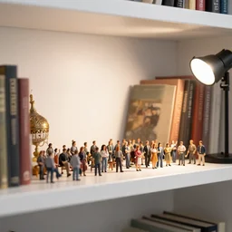 photo still of shelf with a miniature crowd, books and decoir, 8 k, studio lighting bright ambient lighting key light, 8 5 mm f 1. 8