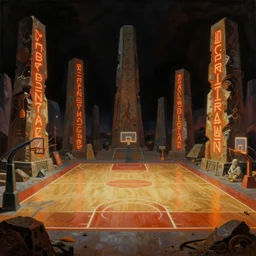 a basketball court by ancient monoliths with glowing runes. highly detailed science fiction painting by norman rockwell, frank frazetta, and syd mead. rich colors, high contrast, gloomy atmosphere, dark background. trending on artstation