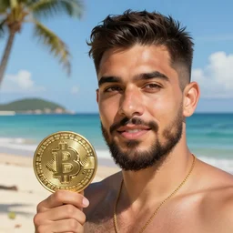 crypto king enjoying vacation at the beach on an island, sunny day. airbrush caricature.