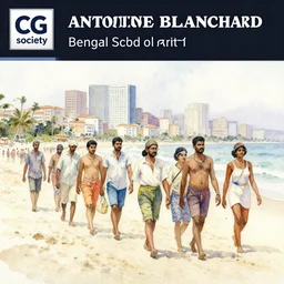 a painting of a group of people walking on a beach, a watercolor painting by antoine blanchard, featured on cg society, bengal school of art, watercolor, detailed painting, cityscape