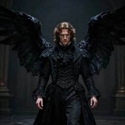a dark angel with black wings spread wide and victorian style clothing, cinematic lighting, low key contrast, detailed, hyperrealistic, character concept art by tolkien and greg rutkowski