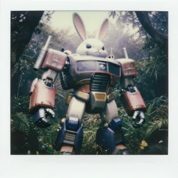 low saturation photograph!! giant oversized battle rabbit robot fusion with robo - mechadelorean chubby mech transformers, in forest jungle, cinematic focus, polaroid photo, vintage, neutral dull colors, soft lights, foggy, overcast by oleg oprisco, by thomas peschak, by discovery channel, by victor enrich, by gregory crewdson