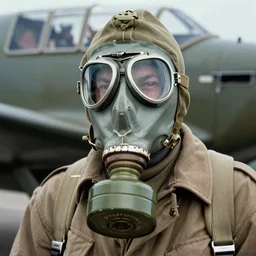 A ww2 pilot wearing a gasmask and goggles, 1990's photo, realistic