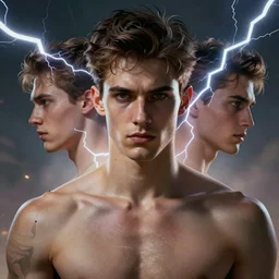 character concept, portrait, symmetrical head - on centralized, young man with strong body. detailed, high quality, dynamic lightning, fantasy, scenematic. artwork by artgerm, wlop, alex ross, greg rutknowski, alphonse mucha