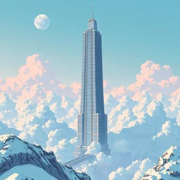 skyscraper touching the moon from earth, trending on artstation, akira toriyama style