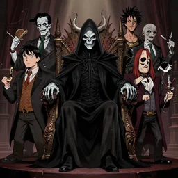 grim reaper sitting in a throne, surrounded by your other personalities, by ed ( big daddy ) roth