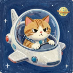 An oil pastel drawing of an annoyed cat in a spaceship