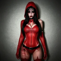 red hood cosplay, creepy, disturbing, bloody, femenine body, grainy, sexy