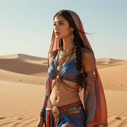 beautiful futuristic desert nomad woman, serene desert setting, transcendent, vibrant color, clean linework, finely detailed, 4 k, confident, moody, dramatic, trending on artstation, photorealistic, volumetric lighting, octane render, 1 5 0 mm lens