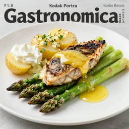 a vibrant still life photograph of canard lacque served on a bed of fresh asparagus, with a drizzle of honey lemon sauce, and a side of freshly minced new potatoes along with a serving of home - made creme fraiche, kodak portra, studio lighting, f 1. 8, gastronomica magazine