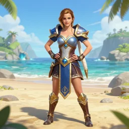 A 4k photo of Emma Watson dressed as a champion from League of Legends in a island\'s beach. Legendary Skin. Epic Posing. Visually Stimulating.