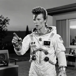 photorealistic medium close shot black and white twilight zone style cinematography of a 1 9 8 1 version of healthy david bowie in a cheesy 5 0's space suit acting as a man from outter space in a twilight zone episode that takes place in mid century modern apartment shot on film by the shining cinematographer john alcott on a cooke panchro 1 8 mm lens.