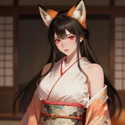 A realistic anime portrait of a shapely noblewoman with fox ears wearing a kimono, digital painting, by Stanley Artgerm Lau, Sakimichan, WLOP and Rossdraws, digtial painting, trending on ArtStation, deviantart, SFW version
